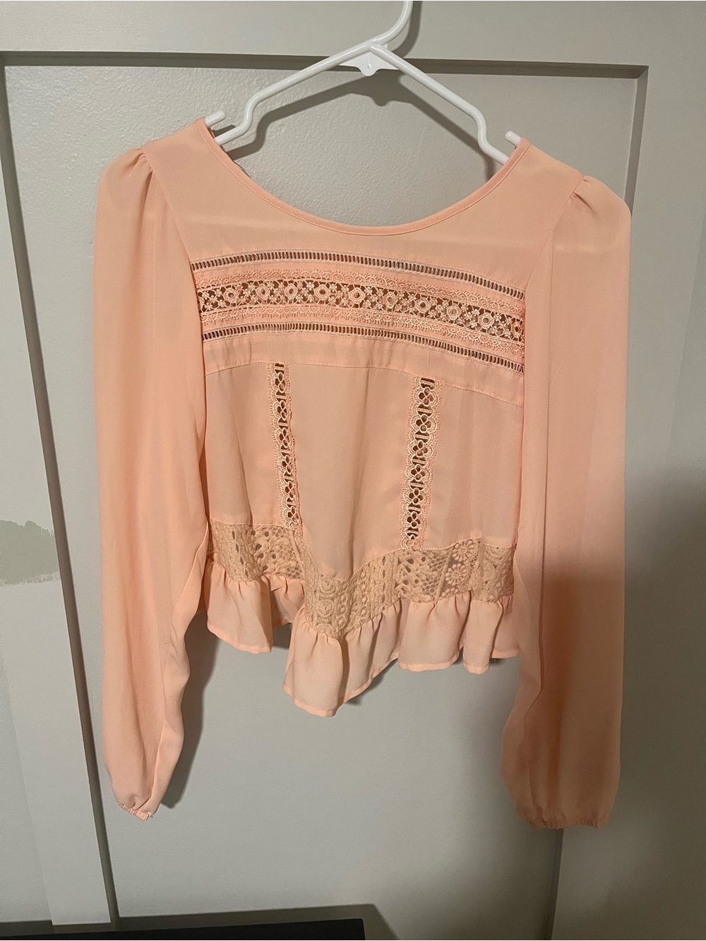 Peach Lace-Trim Long Sleeve Blouse